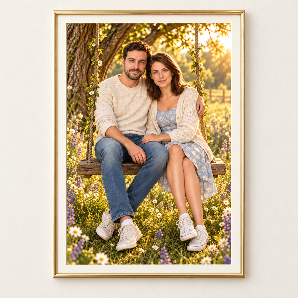 Memory Swing portrait of two adults from photo, shown in a thin gold frame