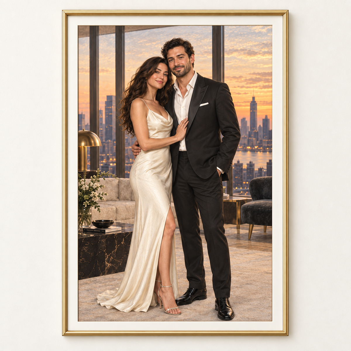 Modern power couple portrait from photo in a thin gold frame