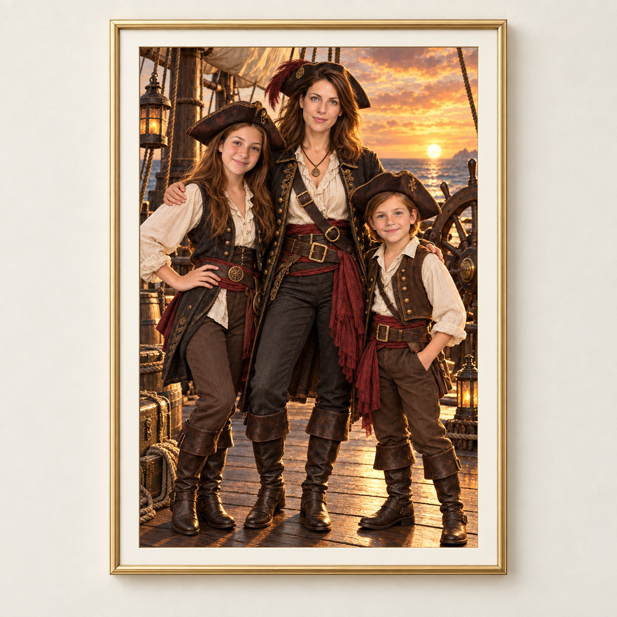 Pirate mother and children portrait from photo in a thin gold frame