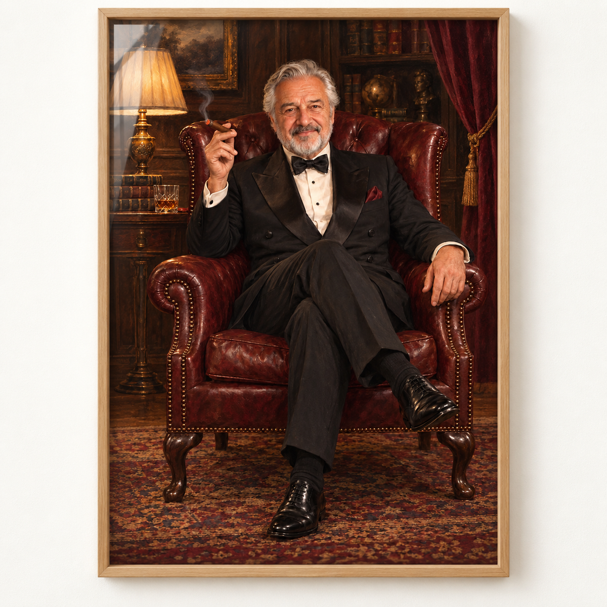 Mafia portrait for him in a large oak frame on a light wall