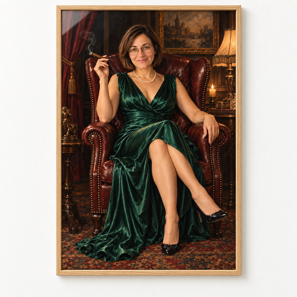 Mafia portrait for her in a large oak frame on a light wall