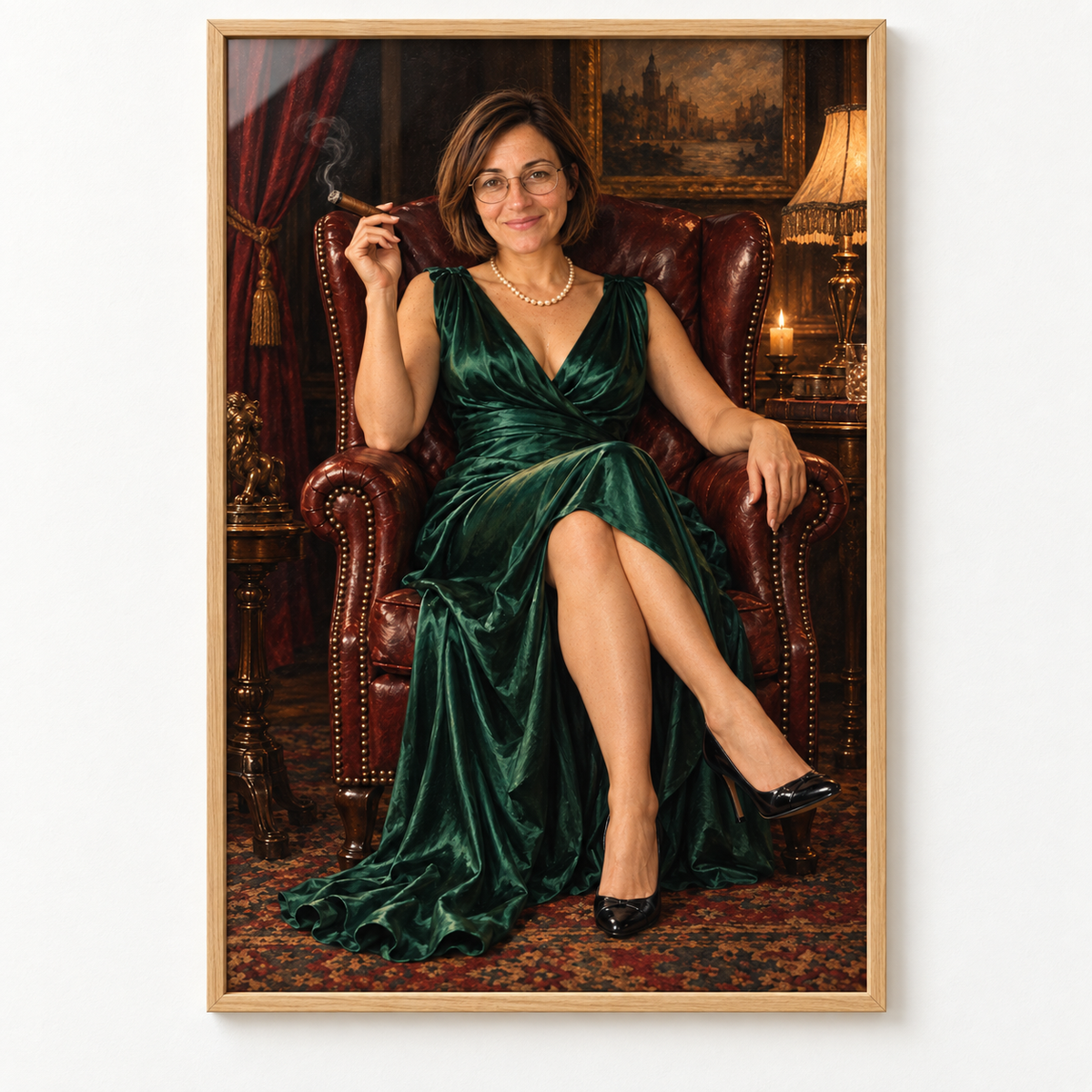 Mafia portrait for her in a large oak frame on a light wall