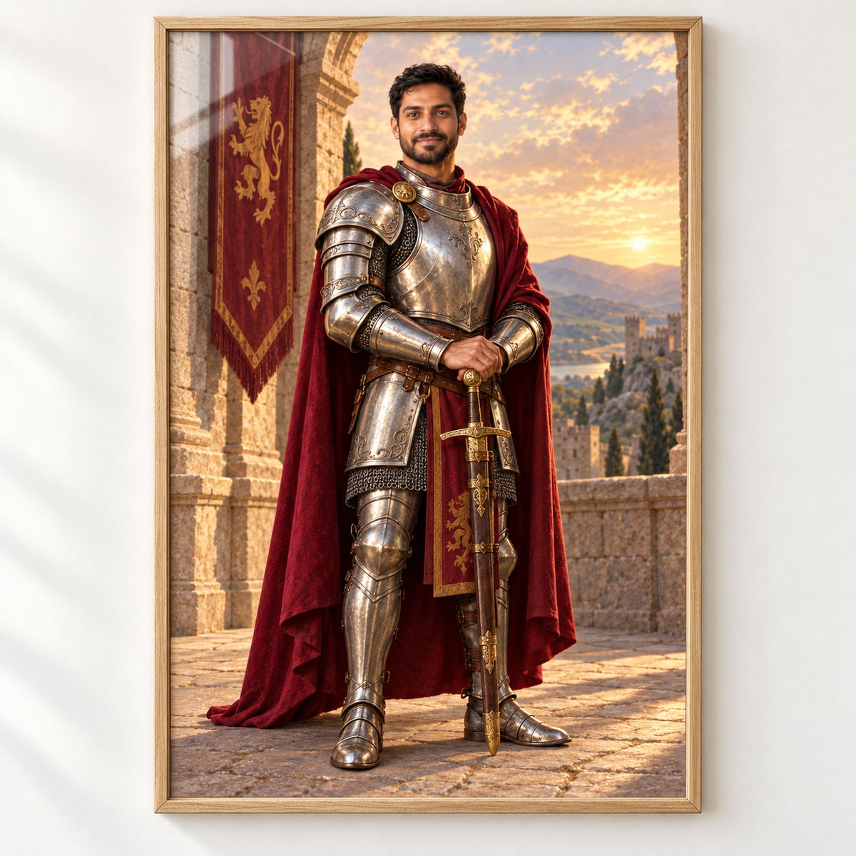 Knight portrait for him in a large oak frame on a light wall