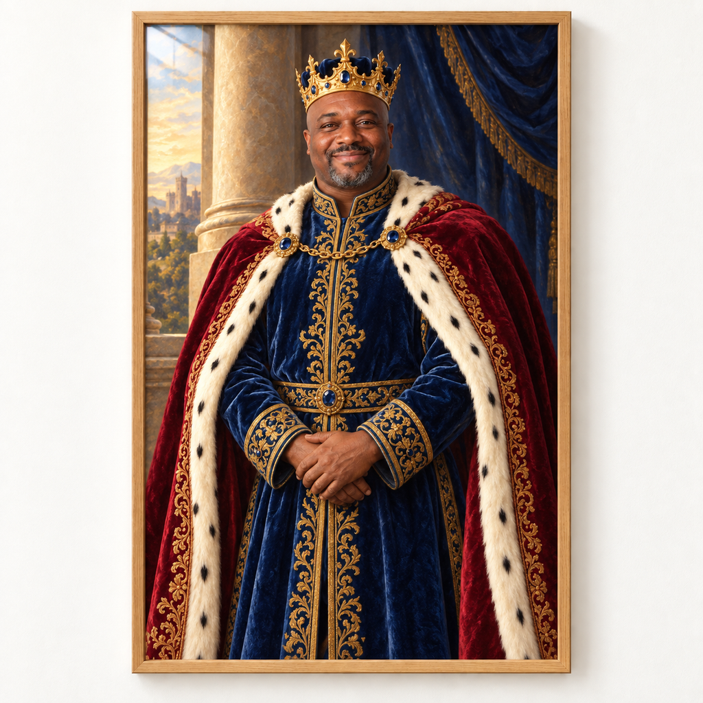 Royal king portrait in a large oak frame on a light wall