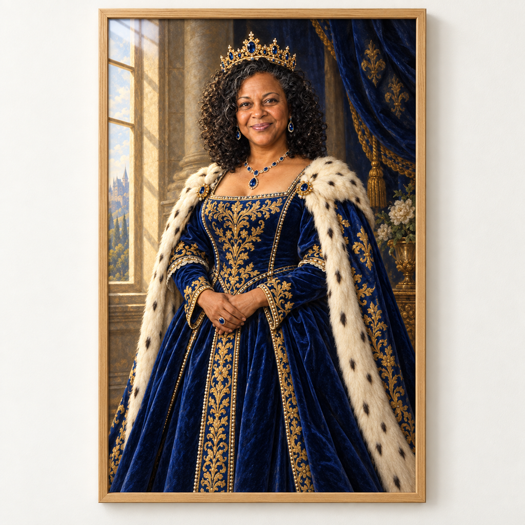 Royal queen portrait in a large oak frame on a light wall