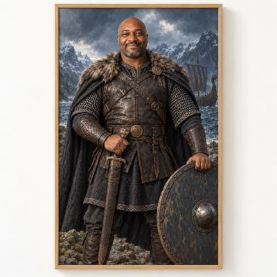 Viking portrait for him in a large oak frame on a light wall