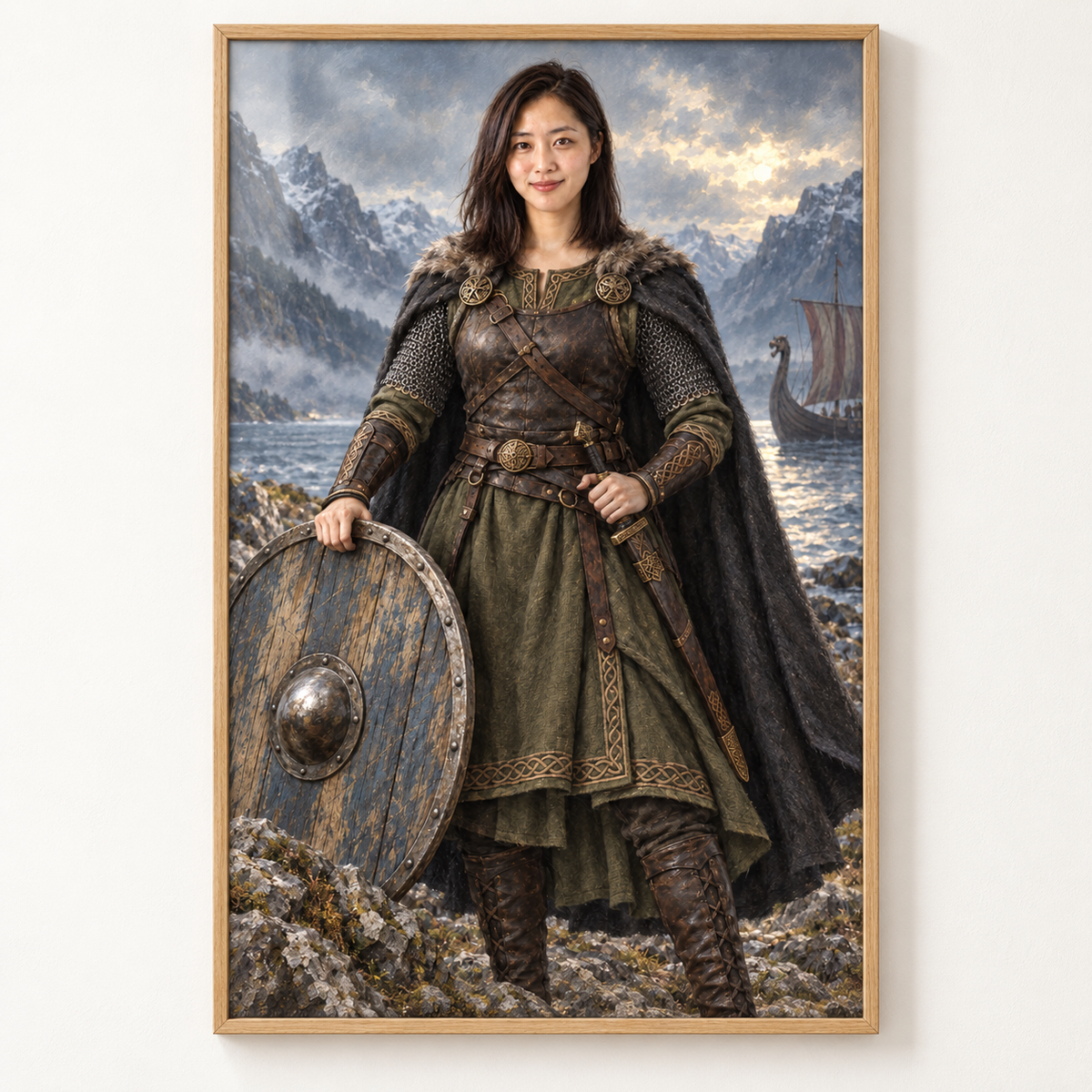 Viking portrait for her in a large oak frame on a light wall