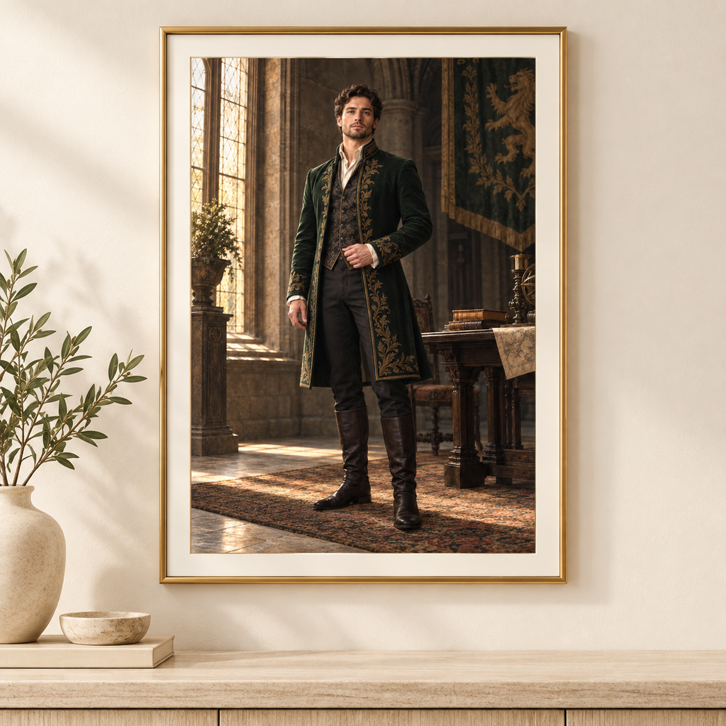 Regal man portrait from photo in a thin gold frame