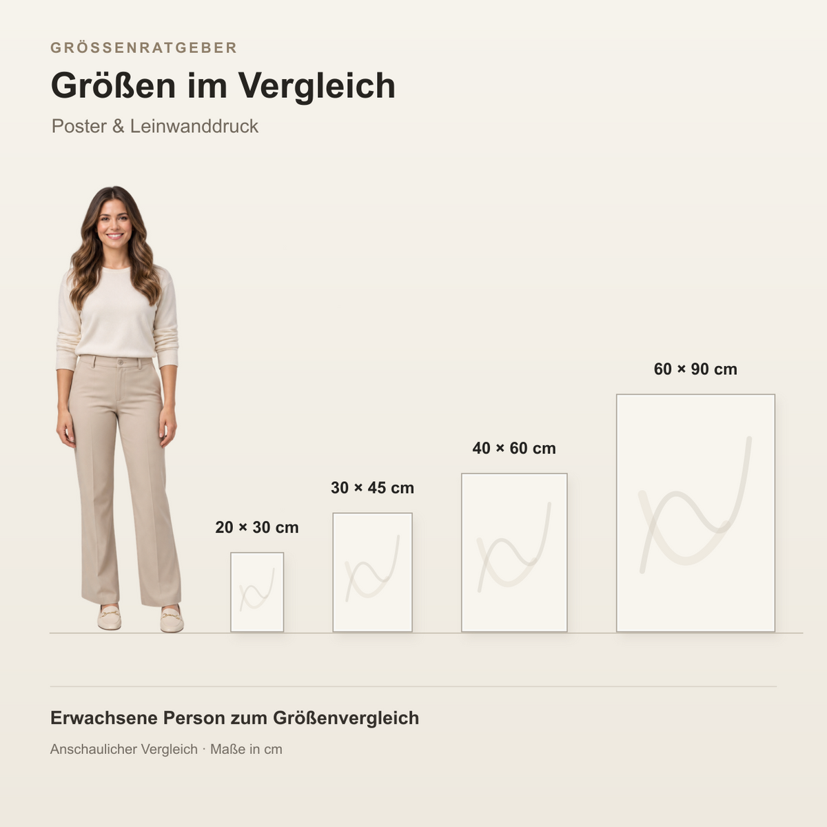 Druckgrößen in cm neben einer lächelnden erwachsenen Person zum Vergleich