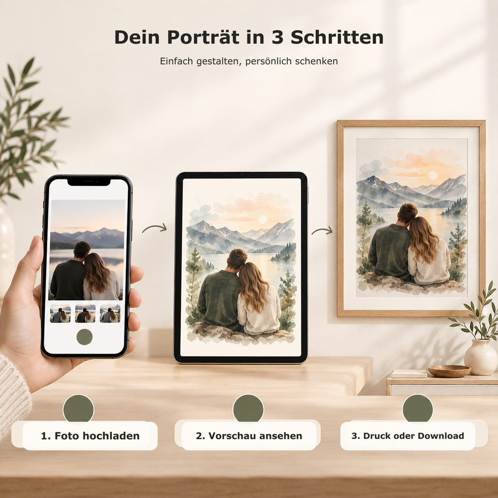 Gifted Photo: Dein Porträt in drei Schritten – Foto hochladen, Vorschau ansehen, Druck oder Download wählen