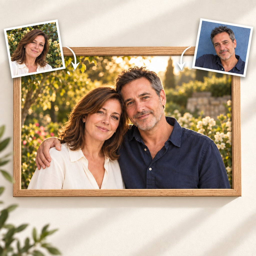 Two individual photos floating at the upper corners of a framed couple portrait in a sunlit garden, with arrows showing the transformation