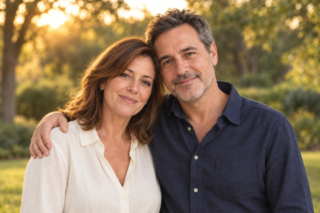 Together sunset scene styling example: a natural landscape couple portrait