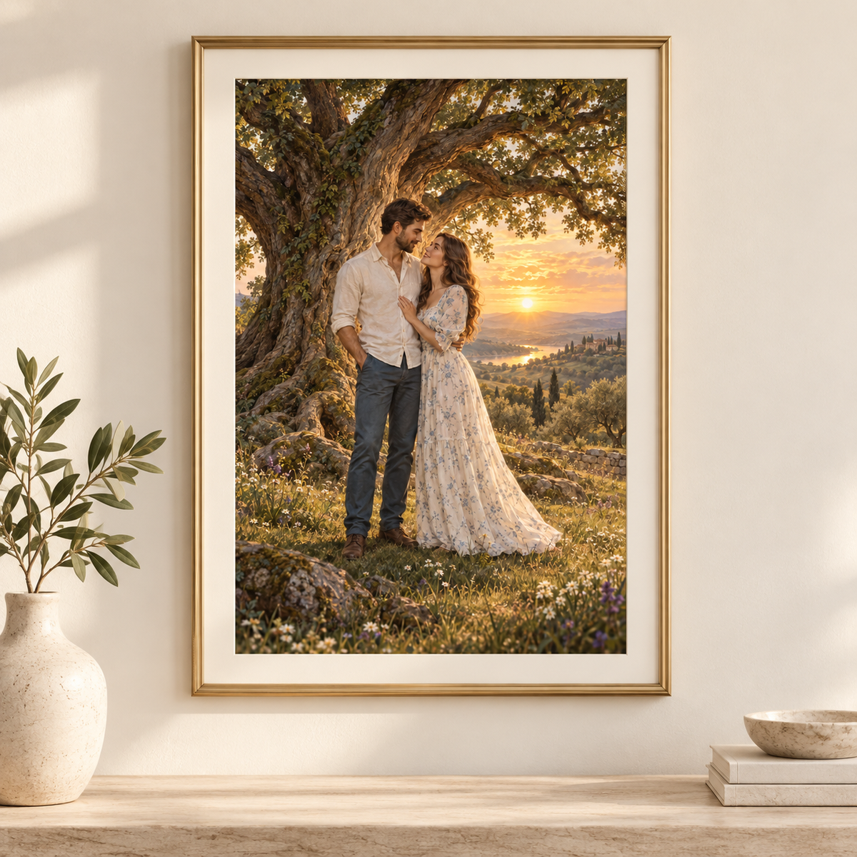 Tree of Life couple portrait from photo in a thin gold frame