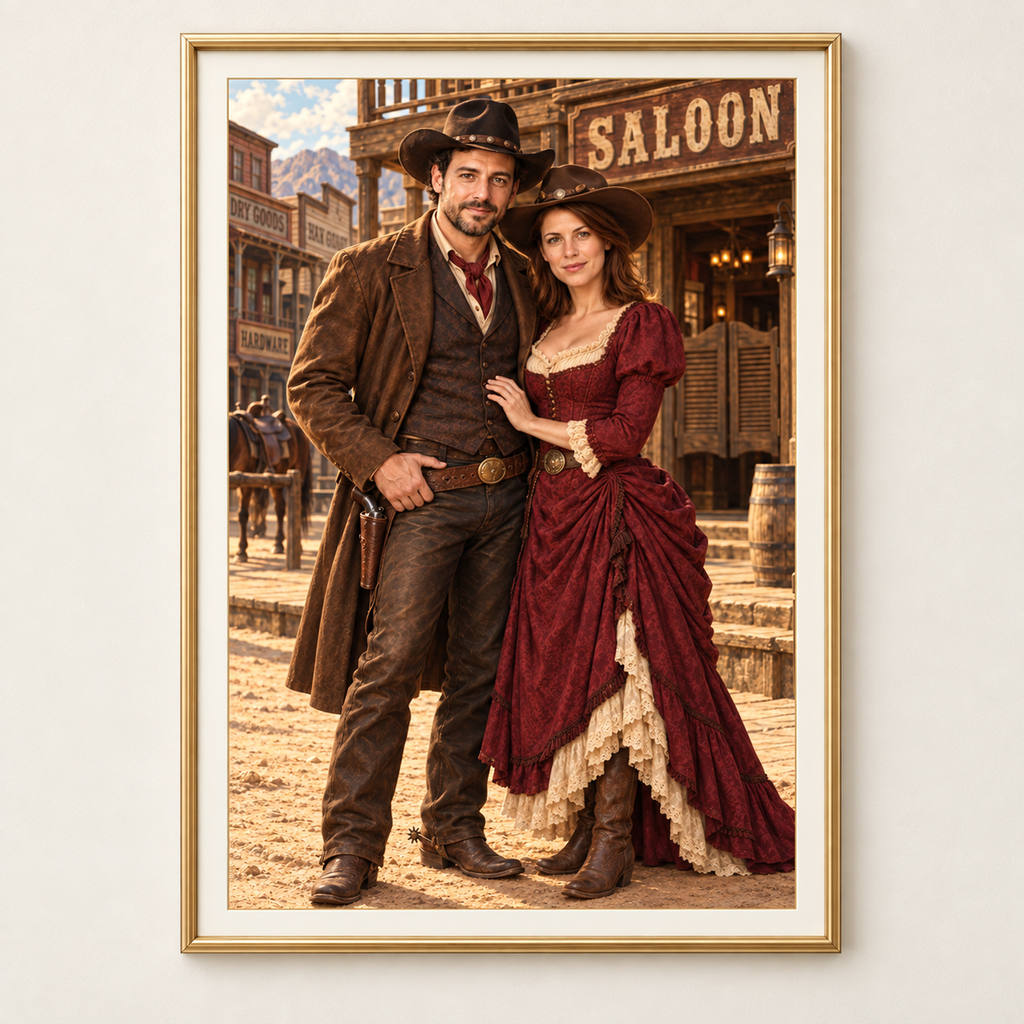 Personalisiertes Western-Saloon-Porträt vom Foto in einem Rahmen